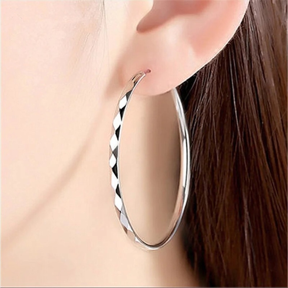 New Large Simple Silver Diamond Cut Hoop Earrings Endless Silver Hoops